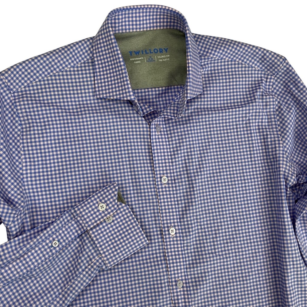 Twillory shirt men 16 Performance Dress 34-35 Tailored Fit Gingham Purple Blue